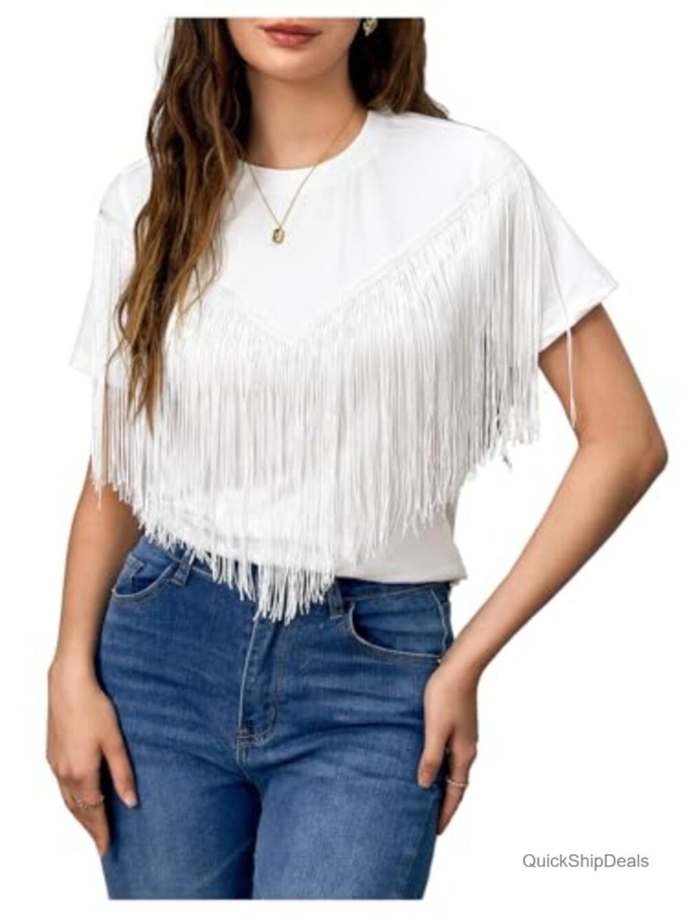 Women's Short Sleeve Fringe Tassel Trim Western Cowgirl T-Shirt Top